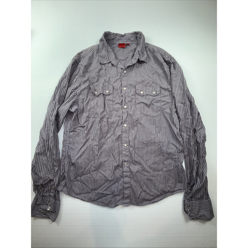 Saks Fifth Avenue Shirt Mens L‎ Large Button Up Blue Striped Cotton Western